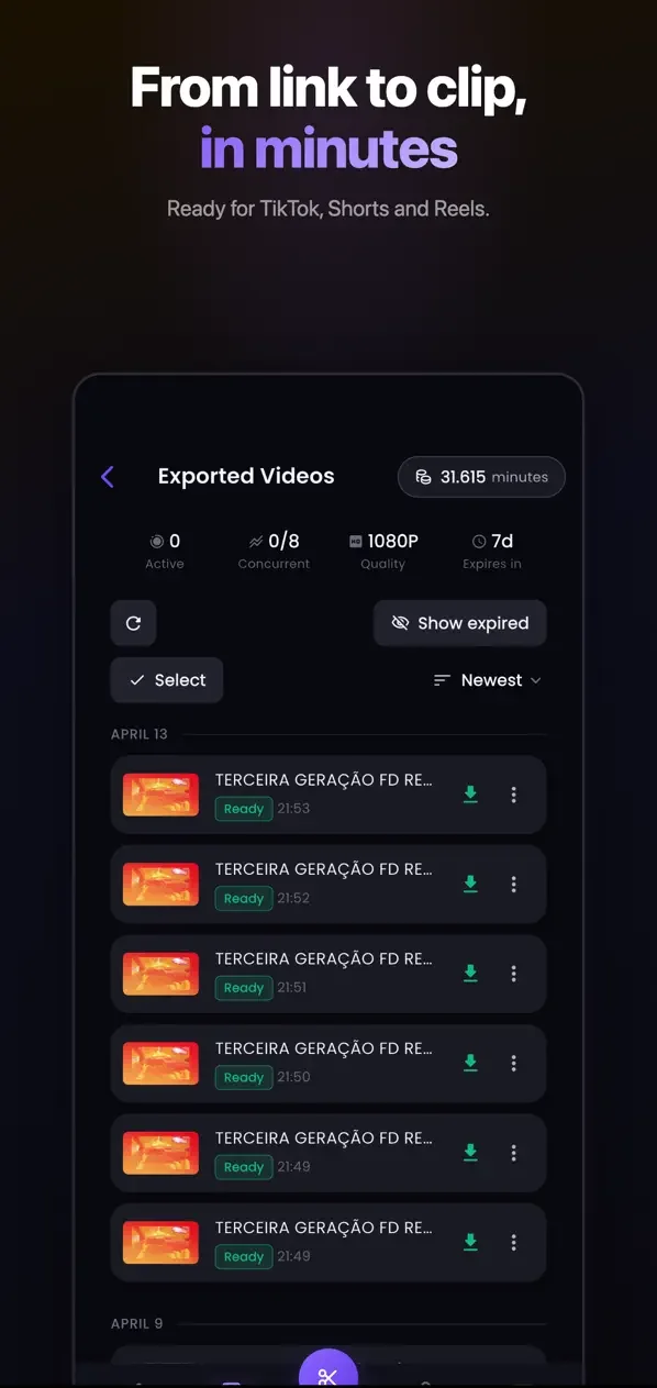Galeria de clipes exportados e prontos para publicar
