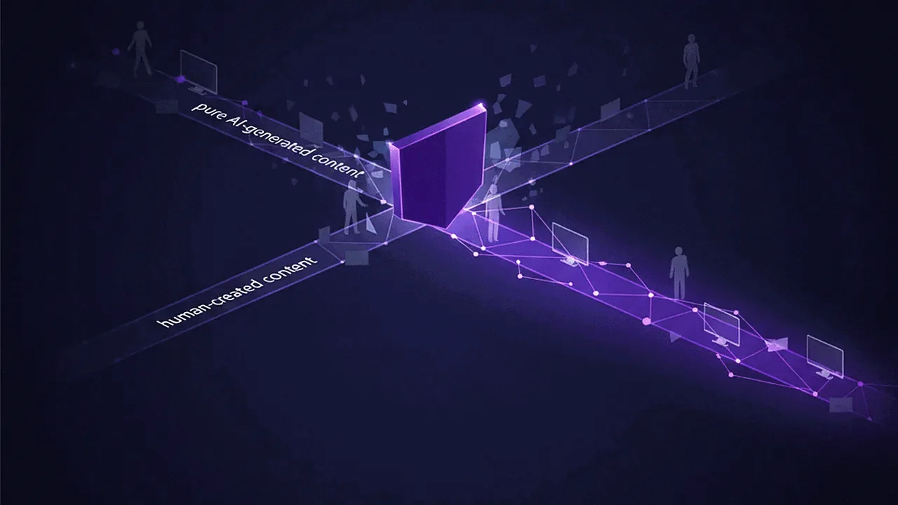 Representação visual de um algoritmo mudando, com o caminho do conteúdo IA pura sendo bloqueado e o conteúdo humano ganhando destaque.