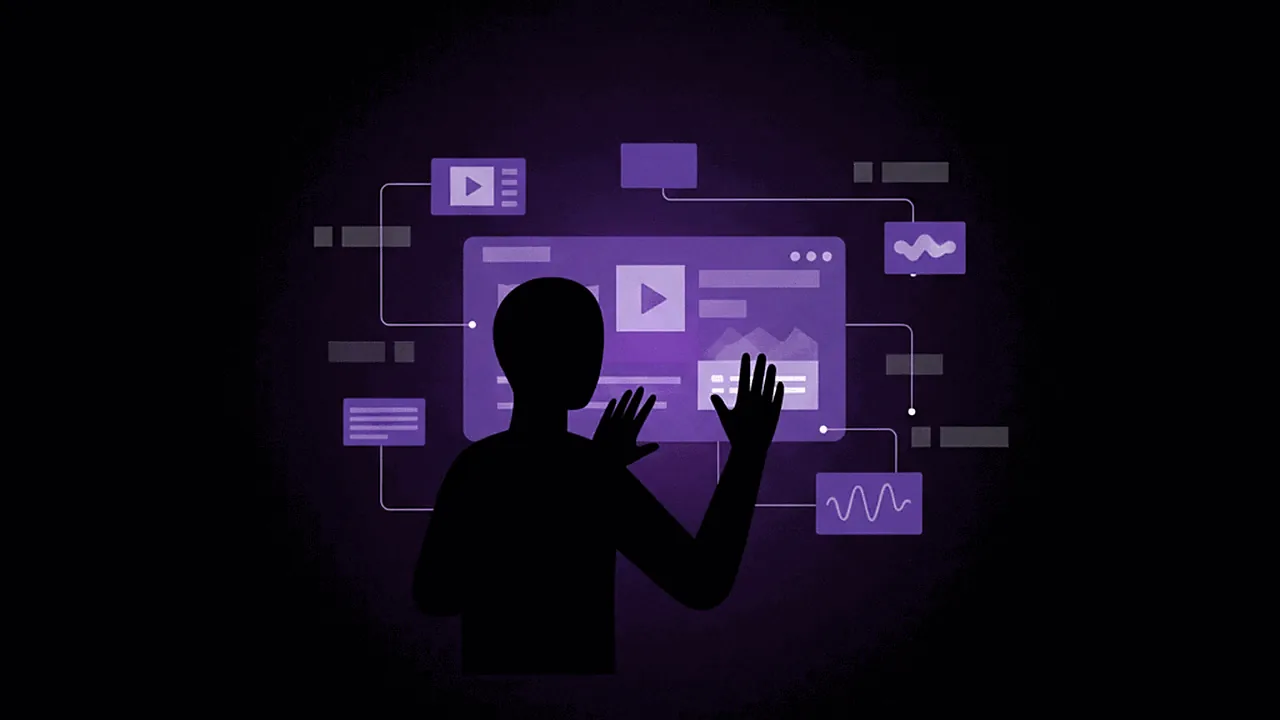 Uma figura anônima criando conteúdo digital em um ambiente escuro com toques roxos, simbolizando um canal dark.