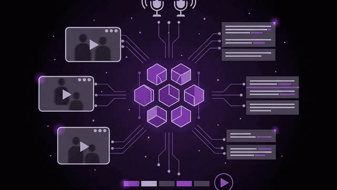 Inteligência artificial gerando conteúdo de vídeo, com elementos gráficos roxos e pretos.