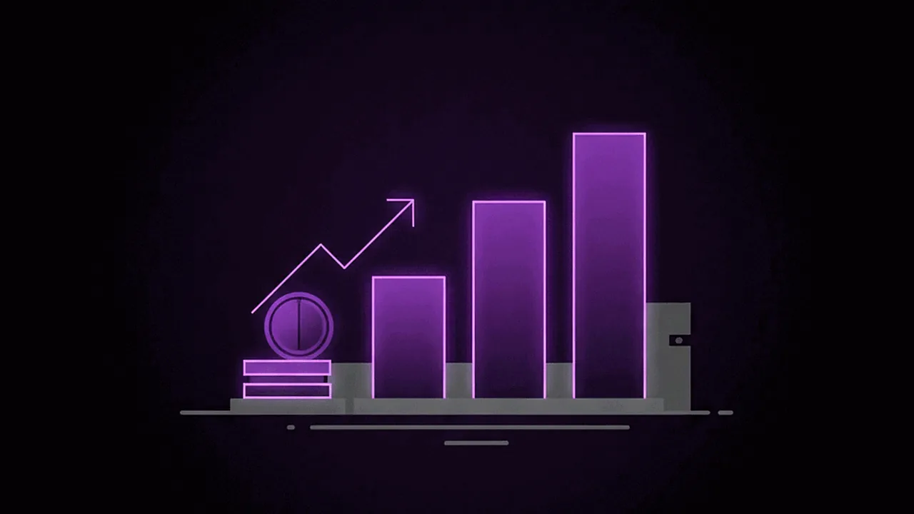 Gráfico de crescimento financeiro em tons de roxo e preto, simbolizando ganhos em um canal dark.