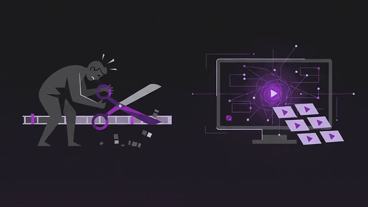 Comparação visual entre clipping manual (pessoa estressada com tesouras em uma timeline) e clipping com IA (interface futurista roxa gerando clips automaticamente), destacando a eficiência da IA.