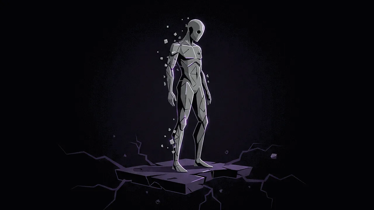 Um clone digital fragmentado à beira de um abismo profundo, simbolizando questões éticas.