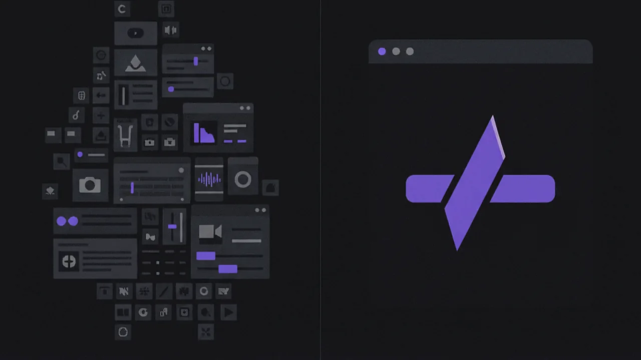 Ilustração comparando um editor de vídeo generalista e uma ferramenta de clipping especializada, com foco em ícones de funcionalidades.