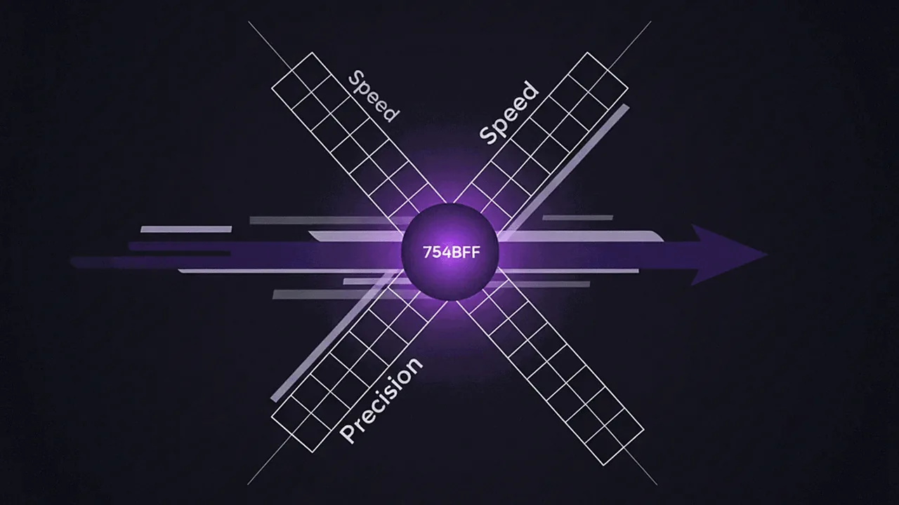 Gráfico minimalista mostrando dois eixos se cruzando: um para velocidade (roxo) e outro para precisão (branco).