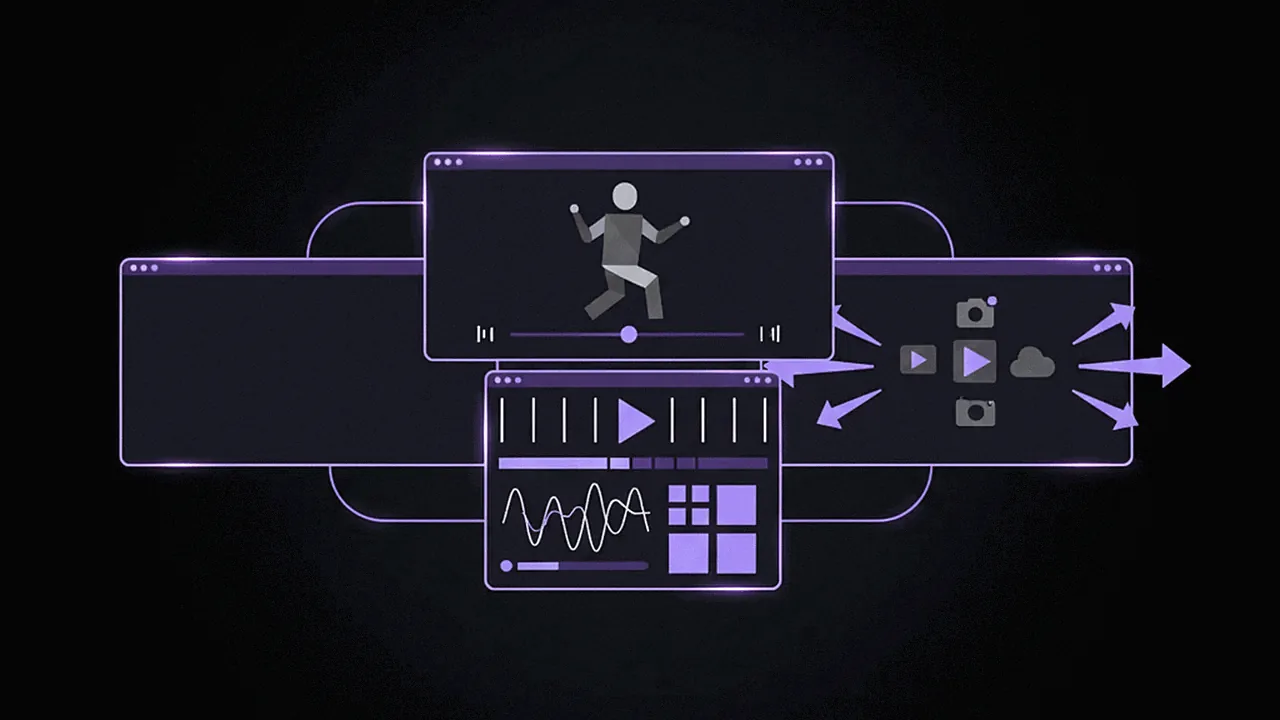 Interface minimalista exibindo um vídeo sendo editado, legendas automáticas e ícones de redes sociais para distribuição, representando a função real de uma ferramenta de viralização.
