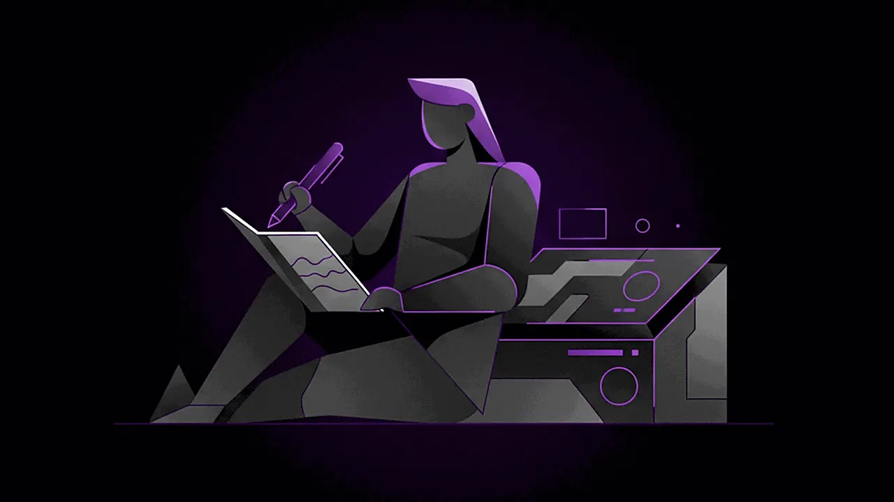 Uma figura humana abstrata em pose criativa, segurando um microfone ou caneta, com uma interface de software aguardando ao fundo, representando a necessidade de conteúdo original e criatividade humana.
