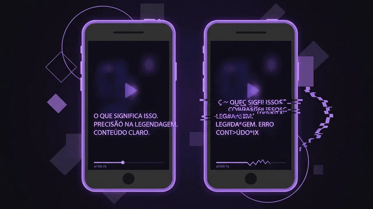 Duas telas de celular comparando legendas de vídeo em português: uma perfeita, outra com erros.