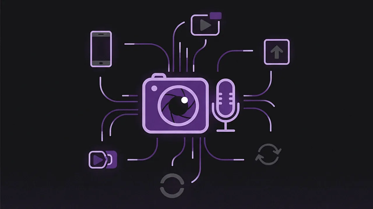 Fluxo de trabalho: live se transformando em múltiplos clipes para redes sociais.