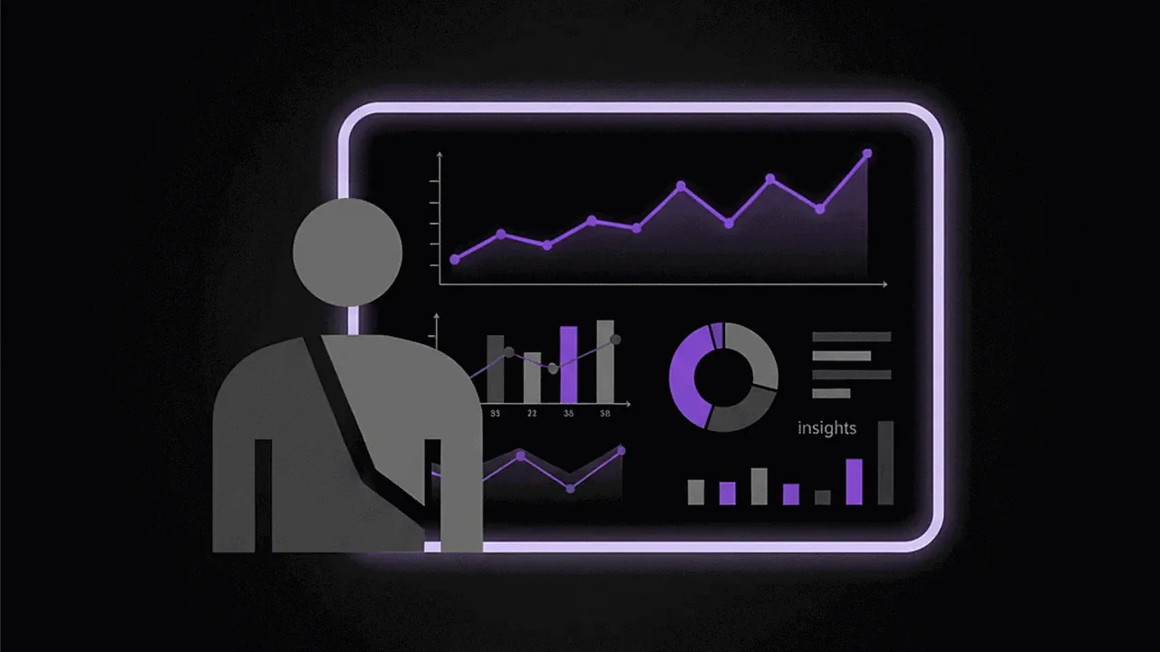 Pessoa abstrata analisando dados de engajamento em um painel digital, com gráficos e elementos visuais em roxo.