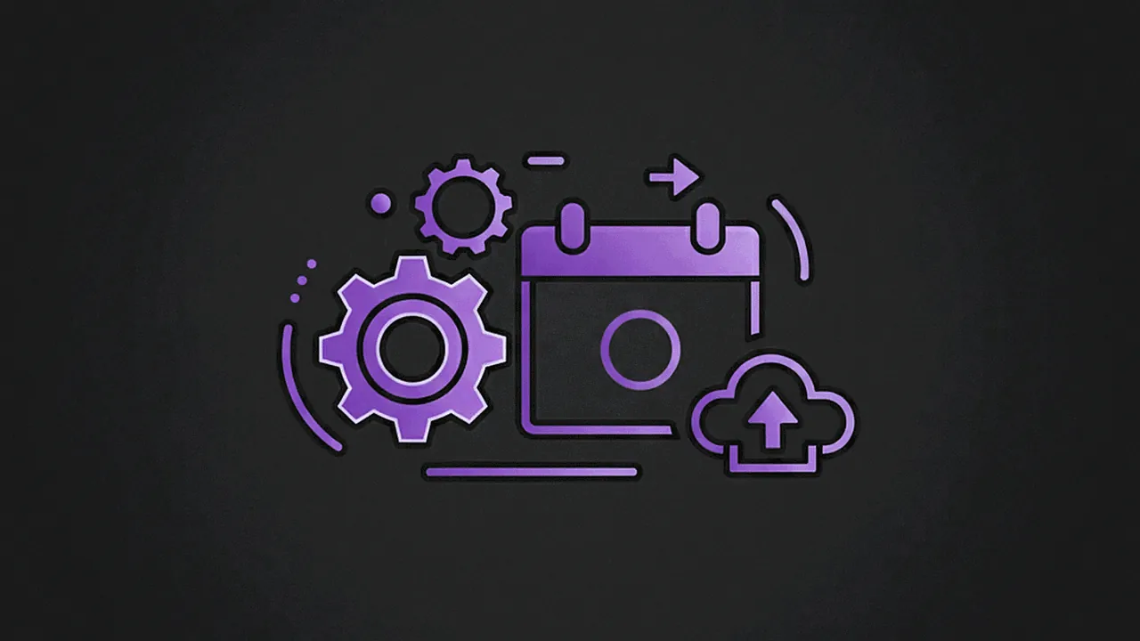 Ícones de calendário e engrenagens simbolizando a automação e programação de postagens em redes sociais.