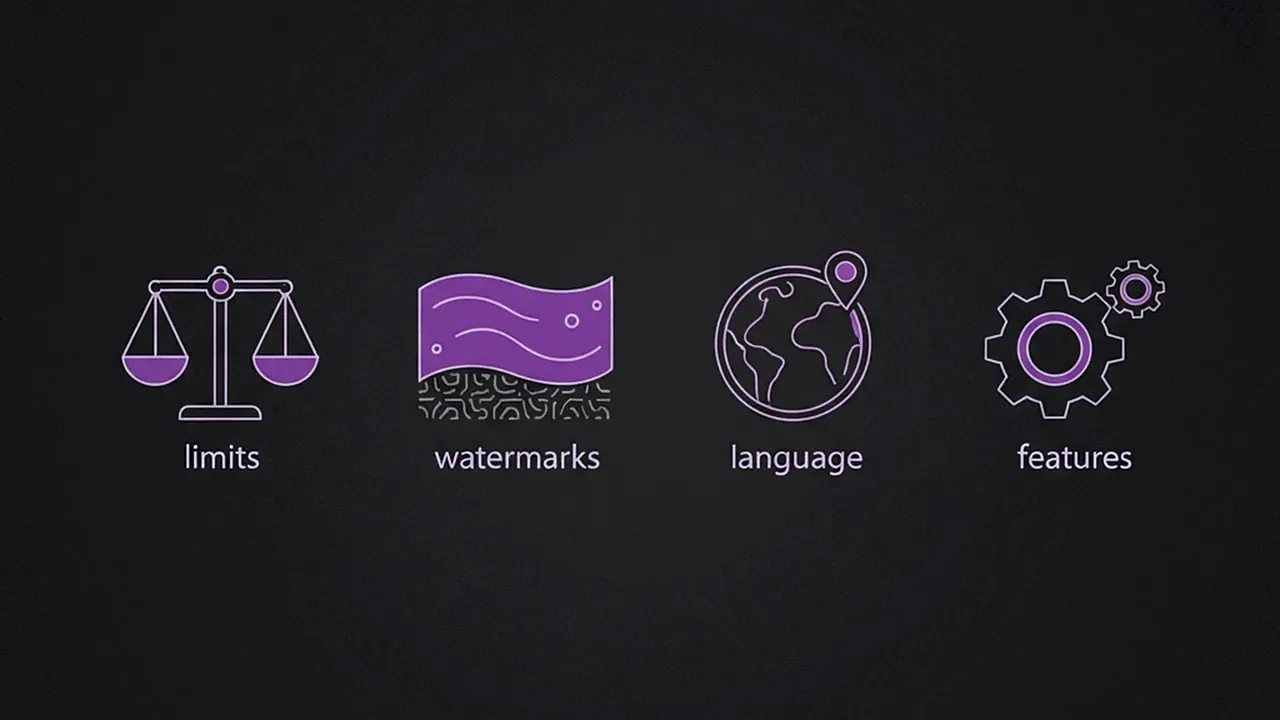 Ícones abstratos representando critérios de avaliação para ferramentas de IA gratuitas.