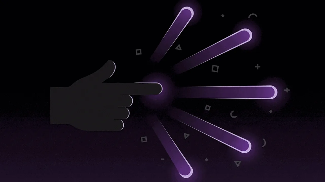 Mão abstrata apontando para uma das várias opções de escolha.