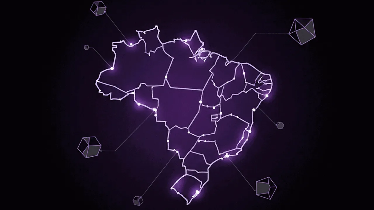 Mapa estilizado do Brasil como centro de inovação digital, com pontos de luz roxos e conexões globais em fundo escuro.