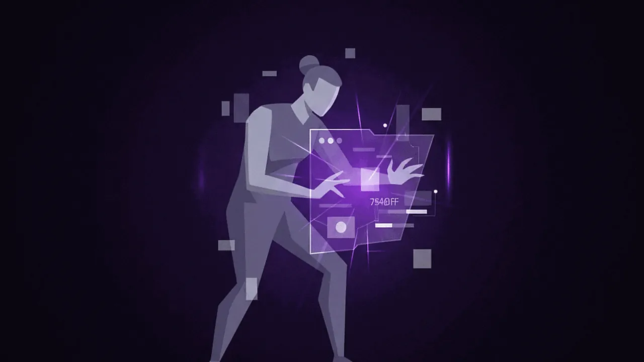 Criador de conteúdo abstrato interagindo com uma interface digital roxa futurista, simbolizando acesso antecipado a novas ferramentas.