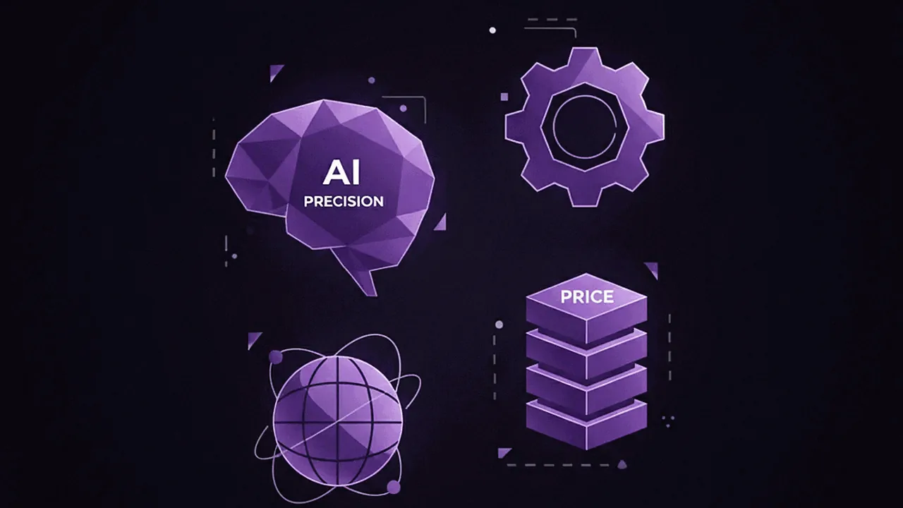 Ícones minimalistas representando critérios de avaliação como precisão, custo e compatibilidade.