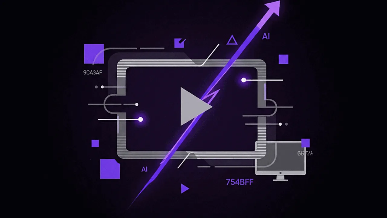 Representação visual futurista de uma interface de edição de vídeo com IA.