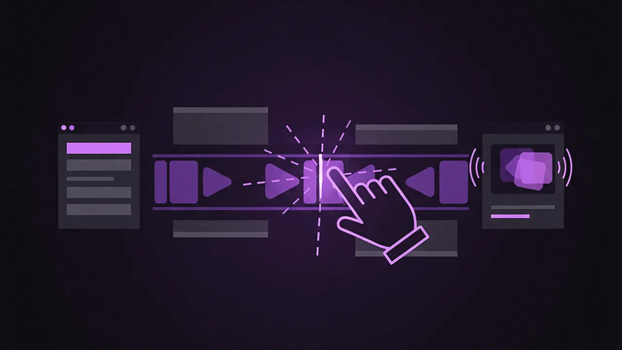 Interface minimalista de um editor de vídeo com uma linha do tempo roxa, simbolizando o ajuste do fluxo de clipping.