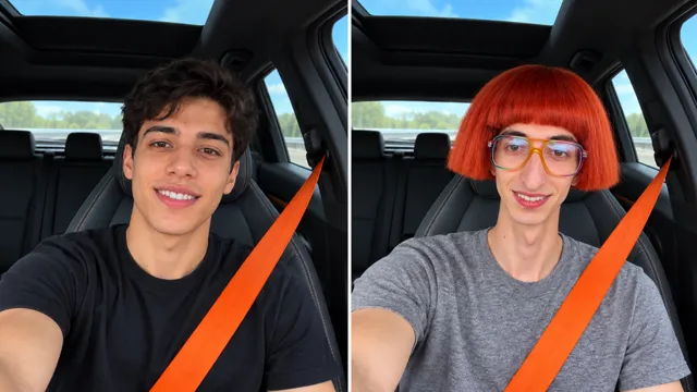 Before and after: a person in a car and the same scene with the orange-haired persona in glasses in their place.